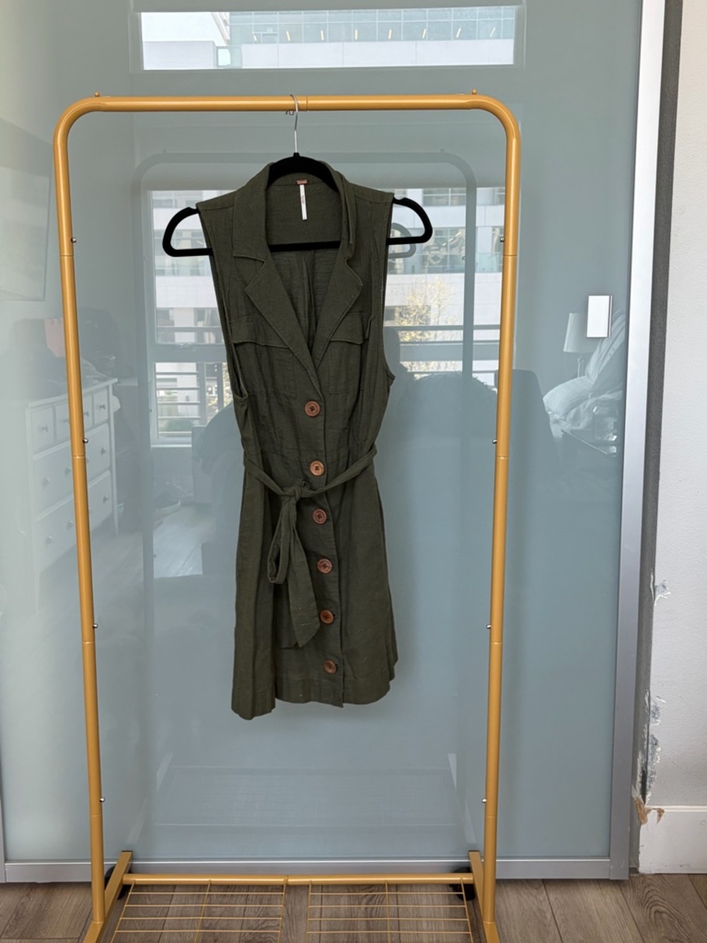 Free People Olive Green Sleeveless Button-Front Shirt Dress with Tie